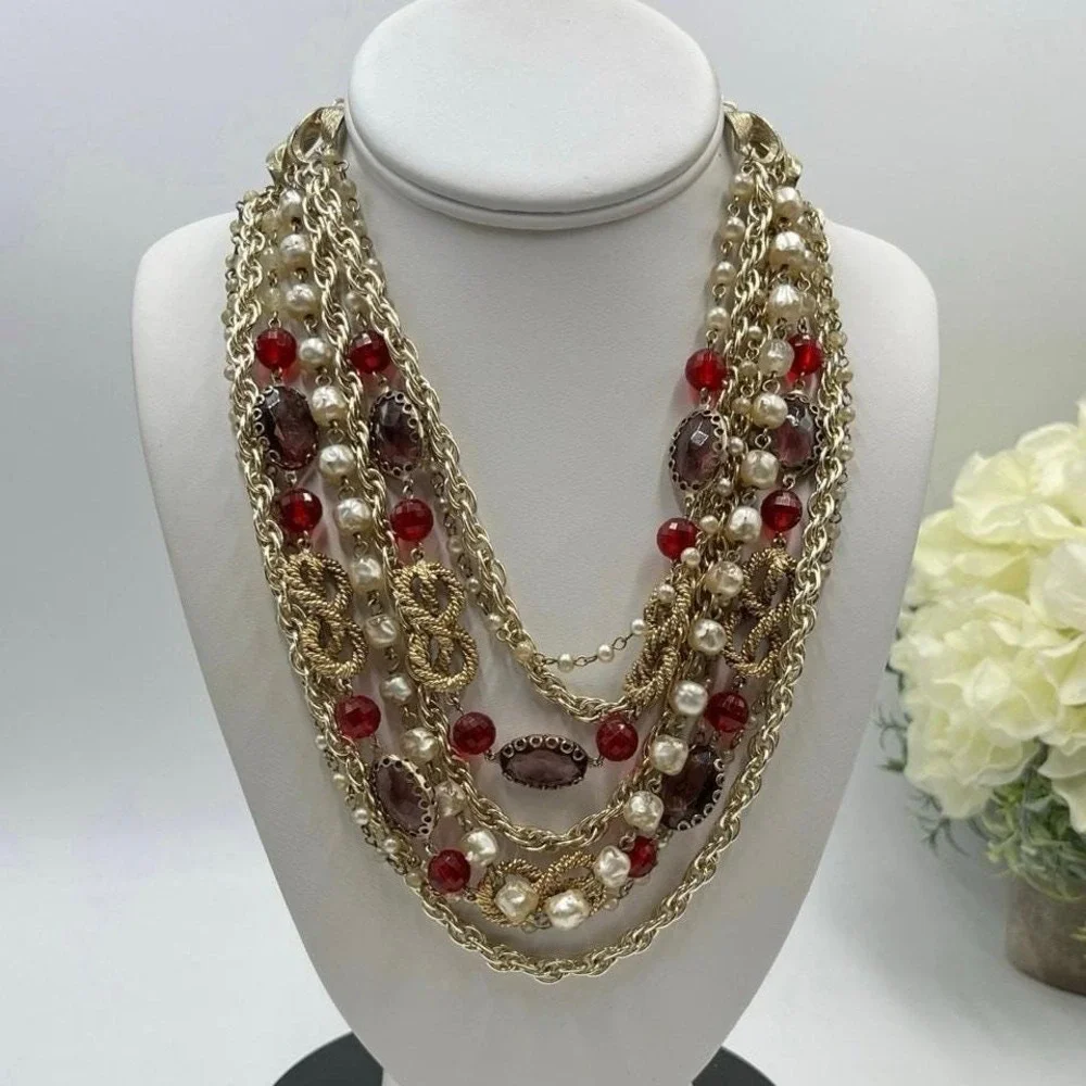 Arthur Pepper ART VintageGold‎ Pearl Red Glass 9 Multi-Strand Statement Necklace
